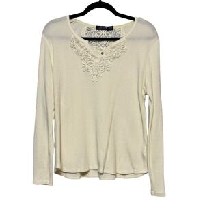 Vintage Faded Glory Y2K Lace Thermal Henley Top Womens Size XL Ivory Cottagecore